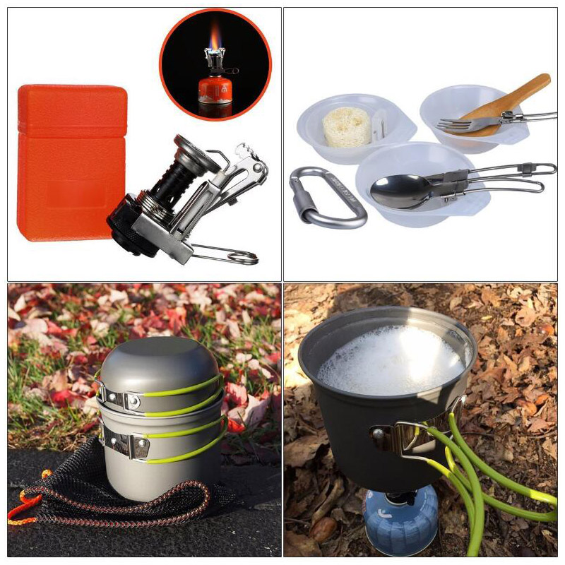 Outdoor Camping Hiking Cookware Mess Set nga adunay Pan Pot Bowl (2)