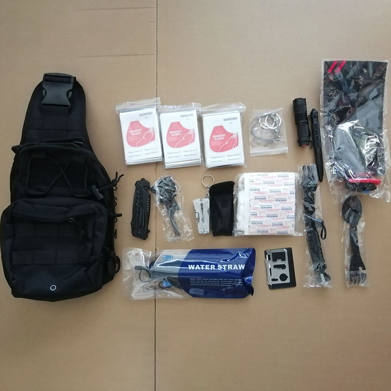 Piranti Survival Gear Profesional kanthi Kit Pertolongan Pertama, Kit Survival Gear kanthi tas Sling