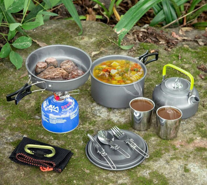 Survival Camping Cookware Mess set nga adunay Lightweight Pot Pan Kettle ug 2 Cups (7)