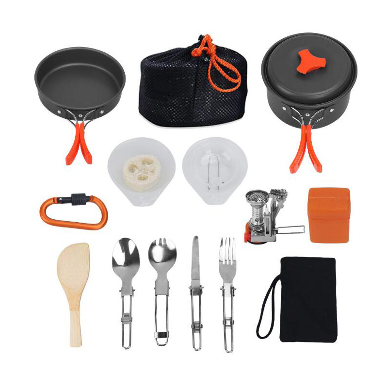 16 Pcs Camping Cookware Stove Carabiner Bug Out Bag Cookset Folding Spork Set (3)