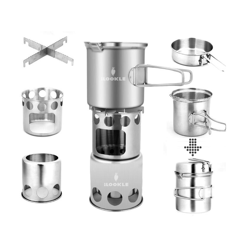 Stainless Steel Camping Cookware Set with Wood Stove for 1-2 Adult (1)