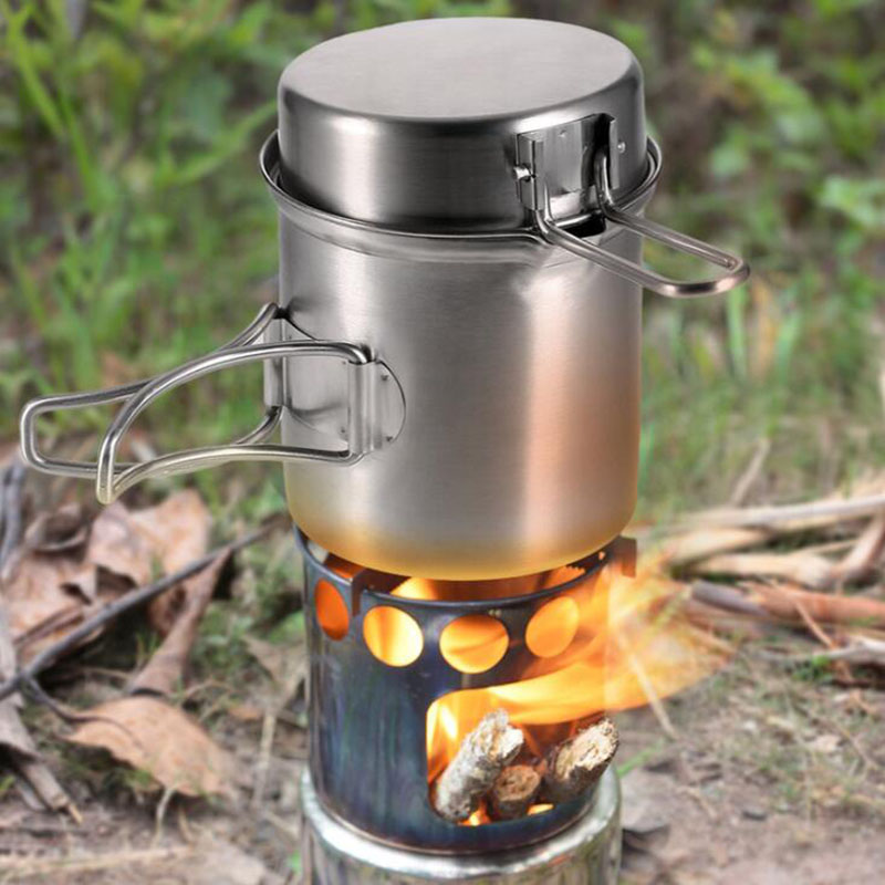 Stainless Steel Camping Cookware Set with Wood Stove for 1-2 Adult (5)