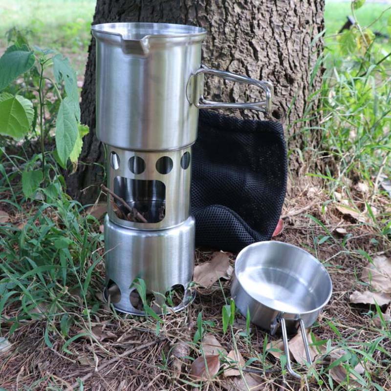 Stainless Steel Camping Cookware Set with Wood Stove for 1-2 Adult (8)