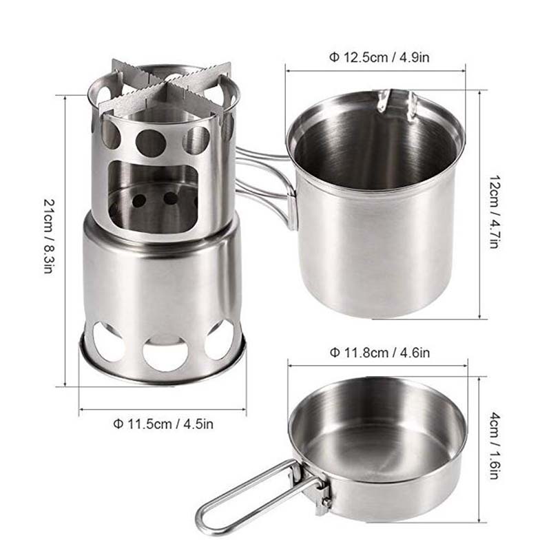Stainless Steel Camping Cookware Set with Wood Stove for 1-2 Adult (9)